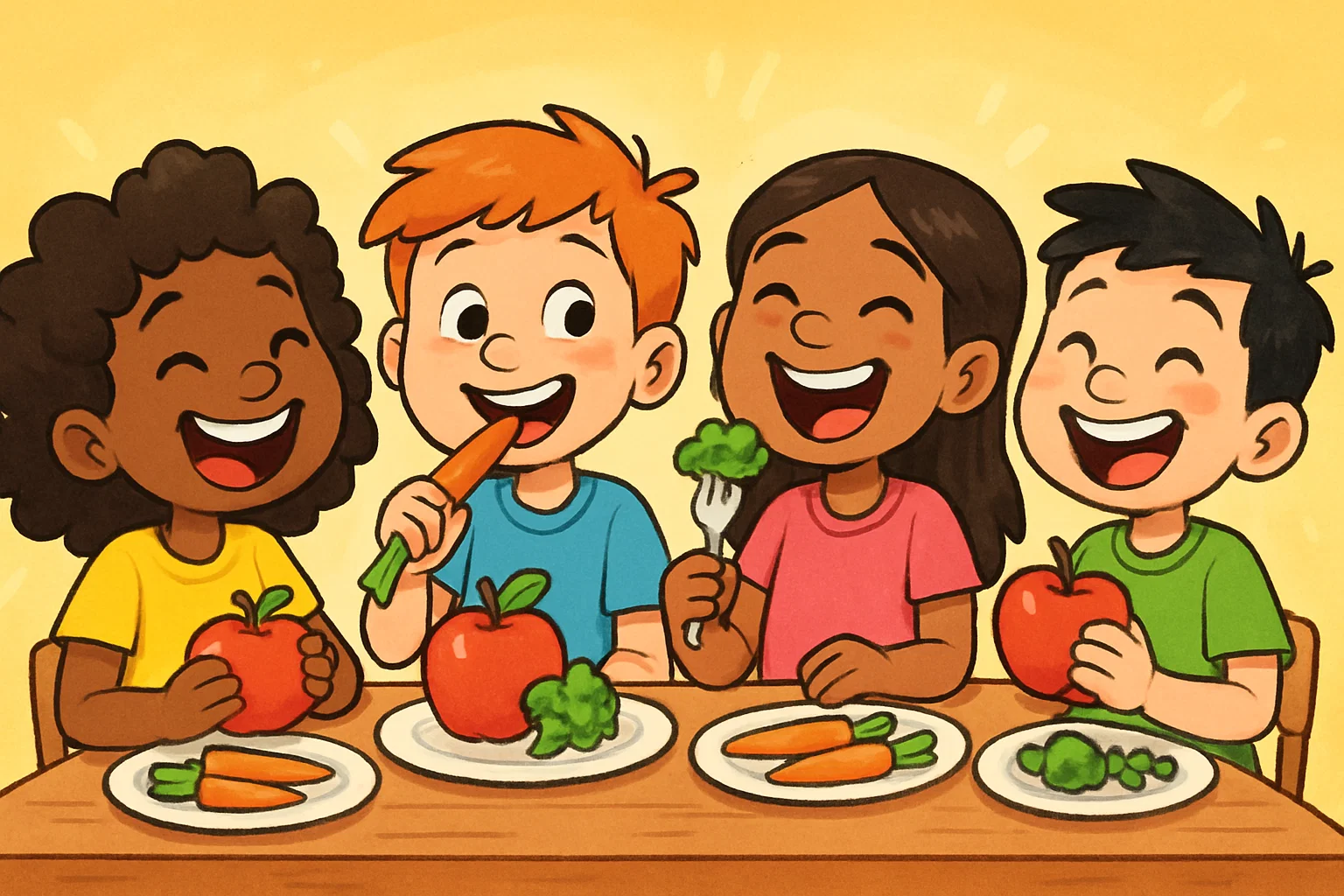 A playful cartoon of diverse, happy children excitedly eating a variety of healthy foods like fruits and vegetables. A playful cartoon of diverse, happy children excitedly eating a variety of healthy foods like fruits and vegetables.