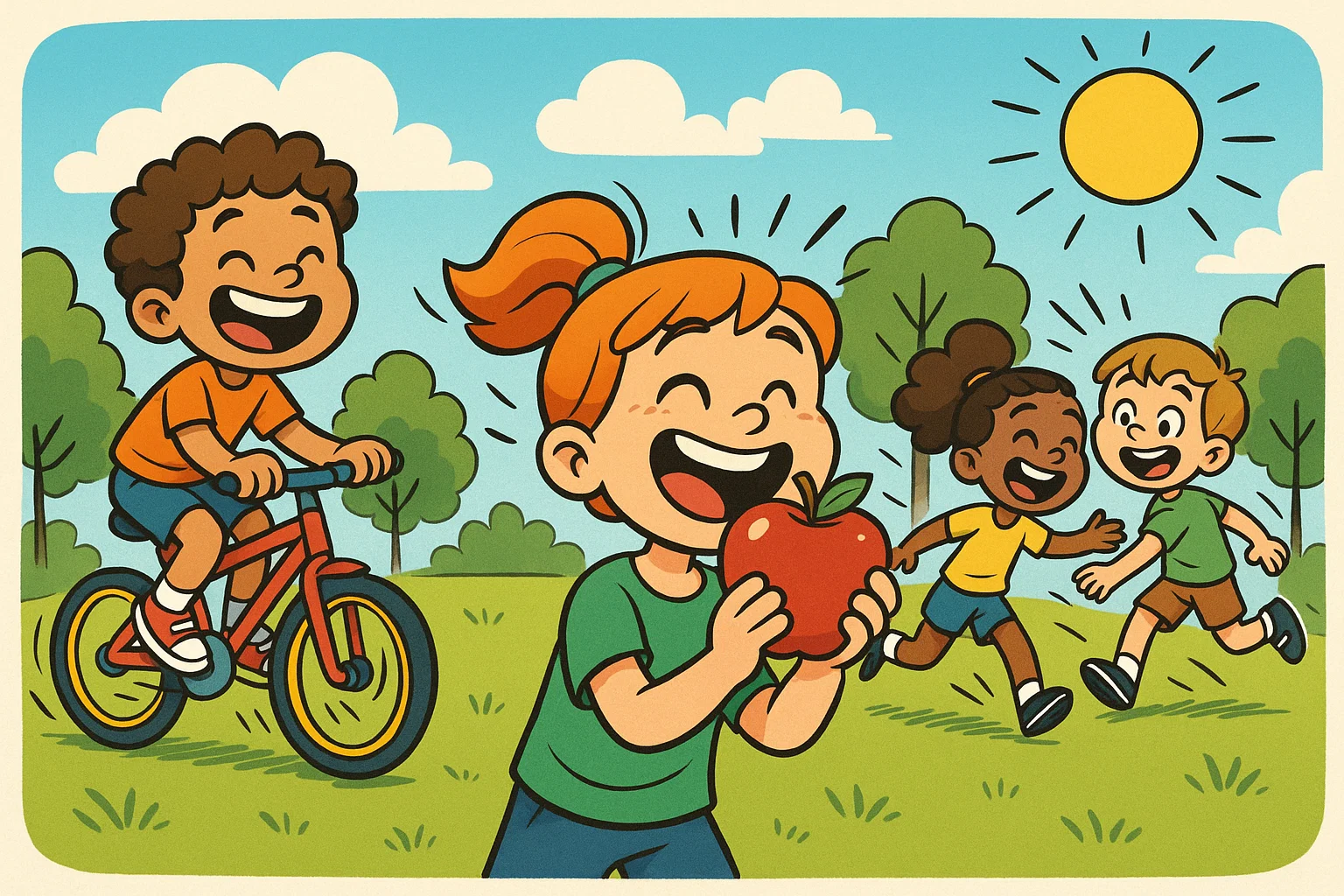 Playful cartoon showing happy kids biking, eating an apple, and playing outside to represent health and wellness. Playful cartoon showing happy kids biking, eating an apple, and playing outside to represent health and wellness.