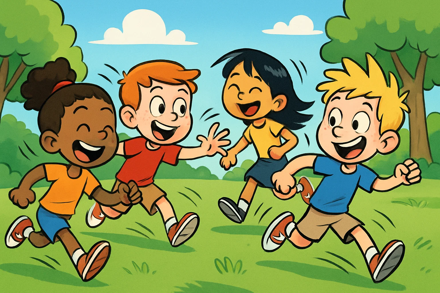 A dynamic cartoon of energetic children playing tag and running happily in a bright, sunny park. A dynamic cartoon of energetic children playing tag and running happily in a bright, sunny park.