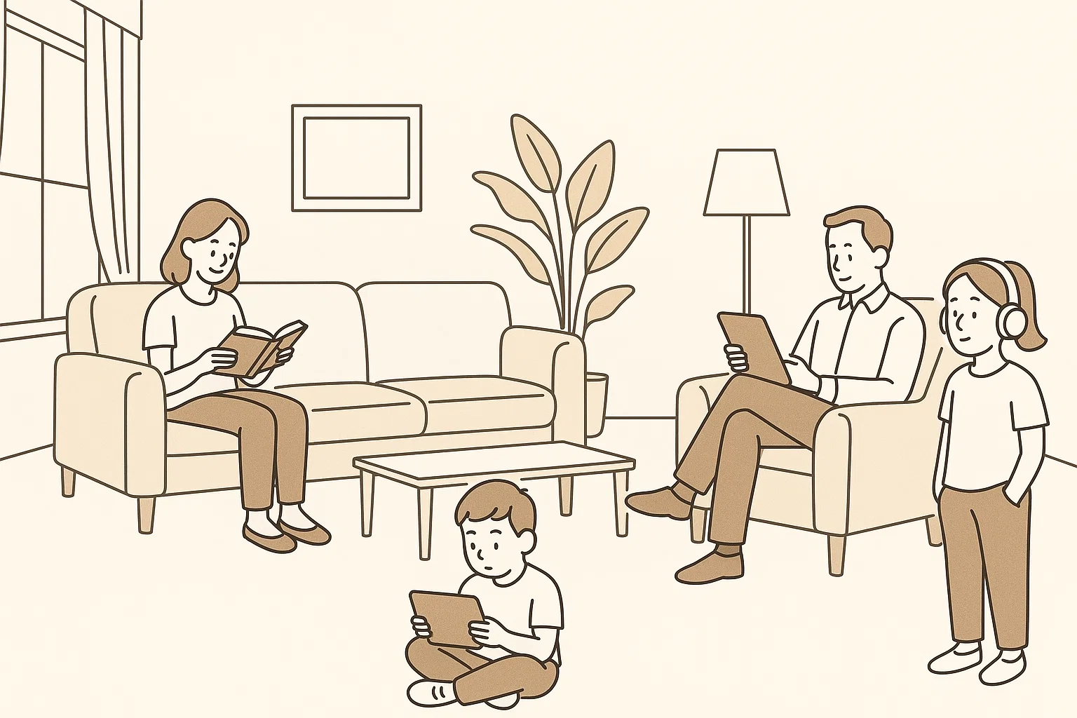 Cartoon of a family, each member doing their own activity without interacting, representing the laissez-faire style.