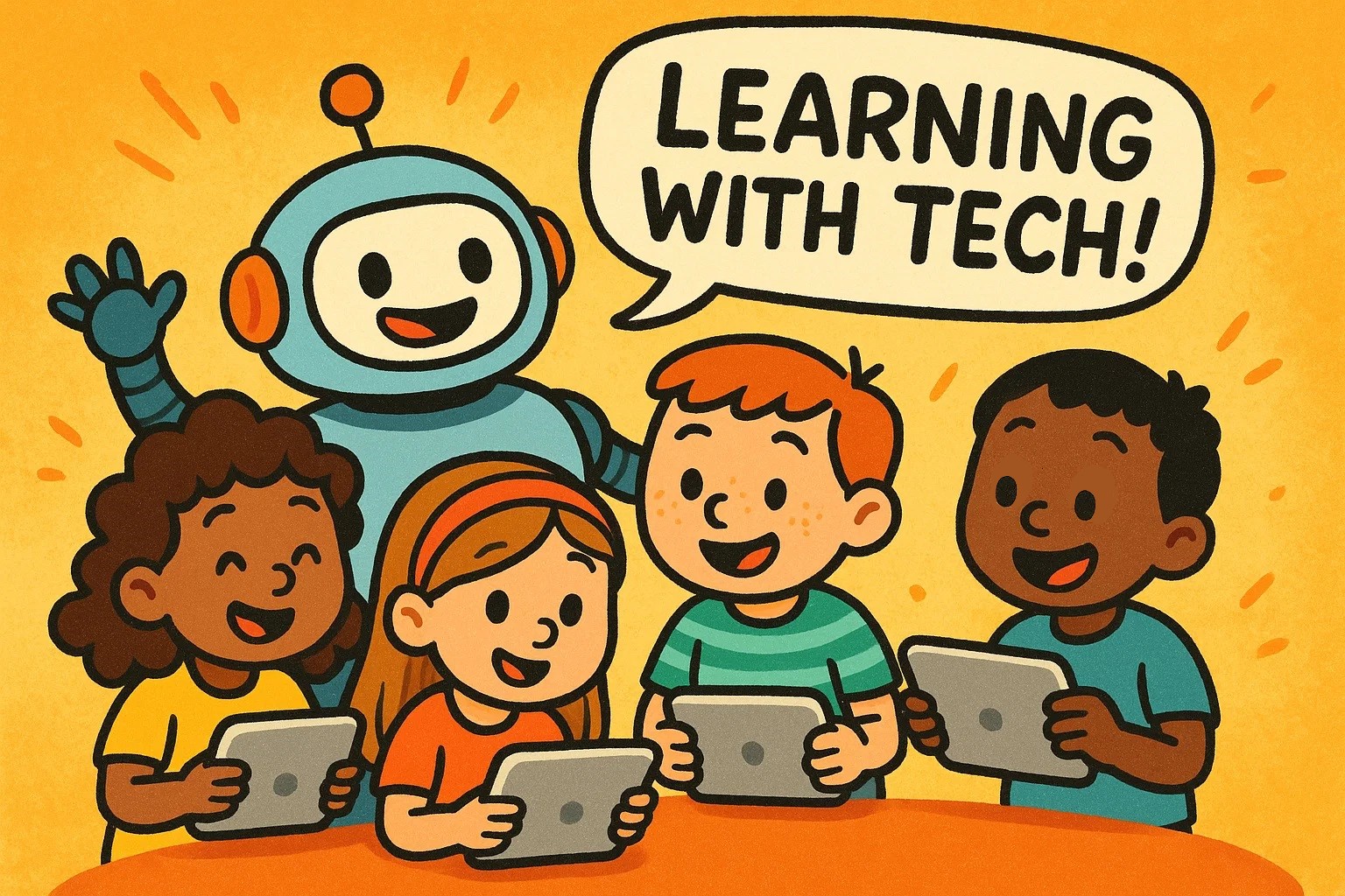 Playful cartoon of children and a robot happily learning with clean tablets in a colorful classroom setting. Playful cartoon of children and a robot happily learning with clean tablets in a colorful classroom setting.