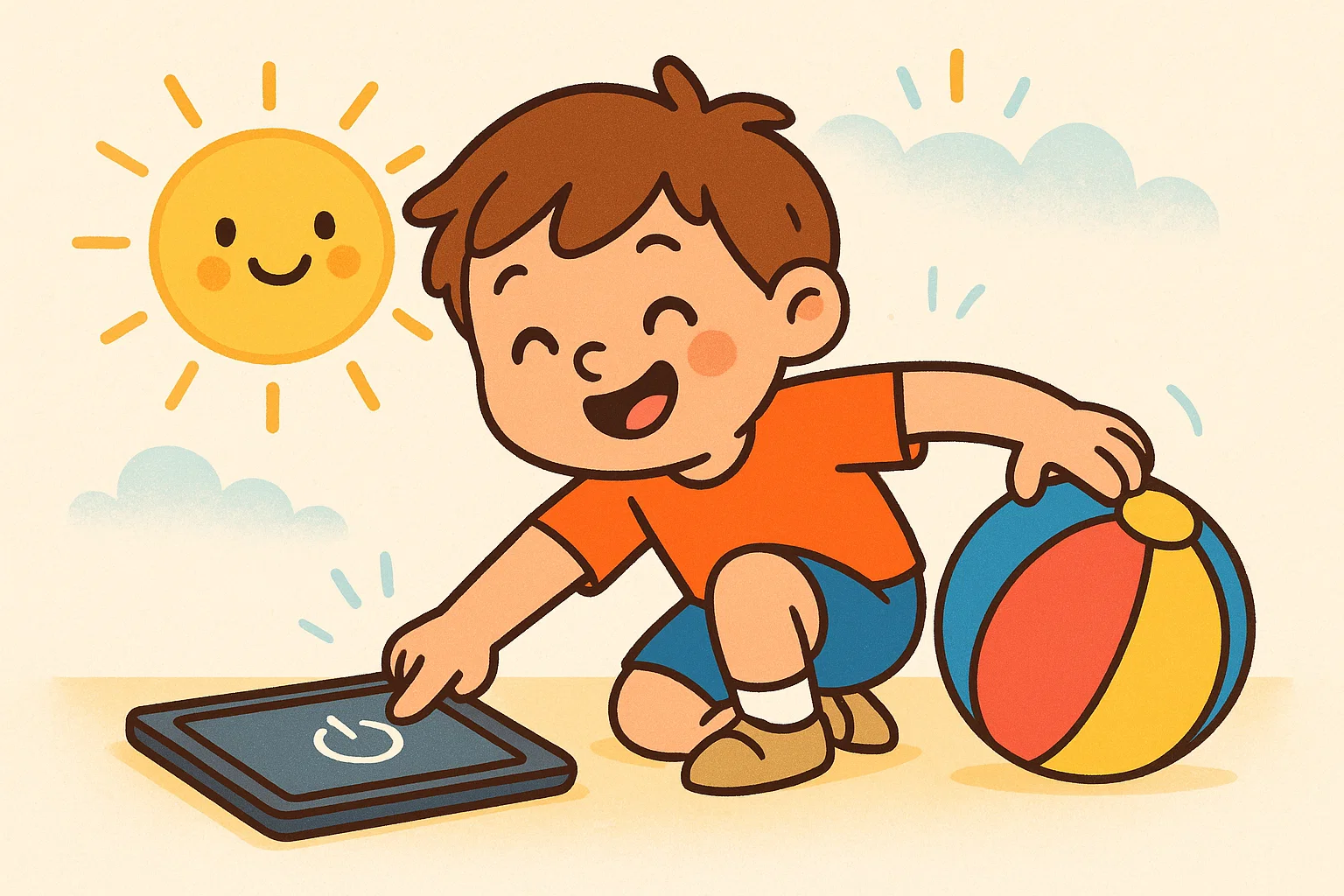Cartoon of a child balancing screen time by turning off a tablet to go play with a ball.