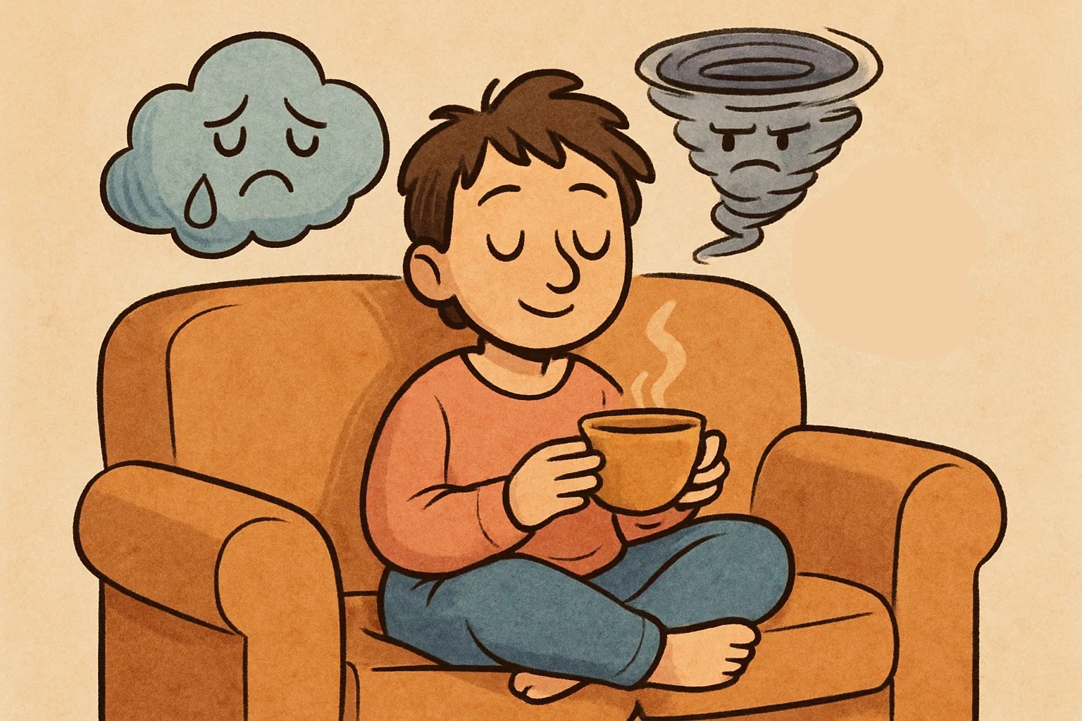 A cartoon parent is surrounded by various emotions (sadness, joy, anxiety) but is trying to stay calm while sitting on a couch. A cartoon parent is surrounded by various emotions (sadness, joy, anxiety) but is trying to stay calm while sitting on a couch.