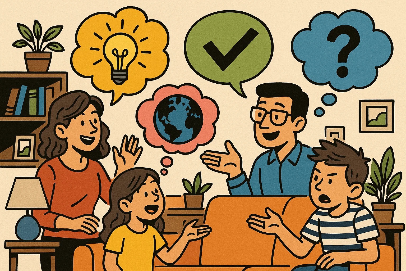 Dynamic cartoon of a family with diverse, unique thought bubbles, representing the open and free pluralistic style.