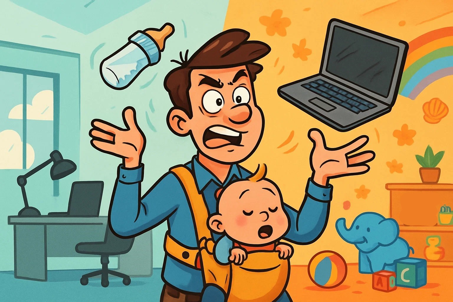 A cartoon illustration of a parent skillfully juggling professional and baby items against an office and daycare backdrop. A cartoon illustration of a parent skillfully juggling professional and baby items against an office and daycare backdrop.