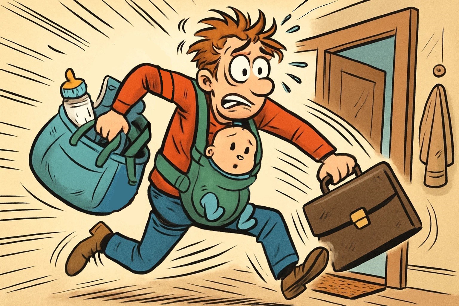 A cartoon parent is frantically gathering items for their baby and themselves near the front door, looking stressed and determined. A cartoon parent is frantically gathering items for their baby and themselves near the front door, looking stressed and determined.