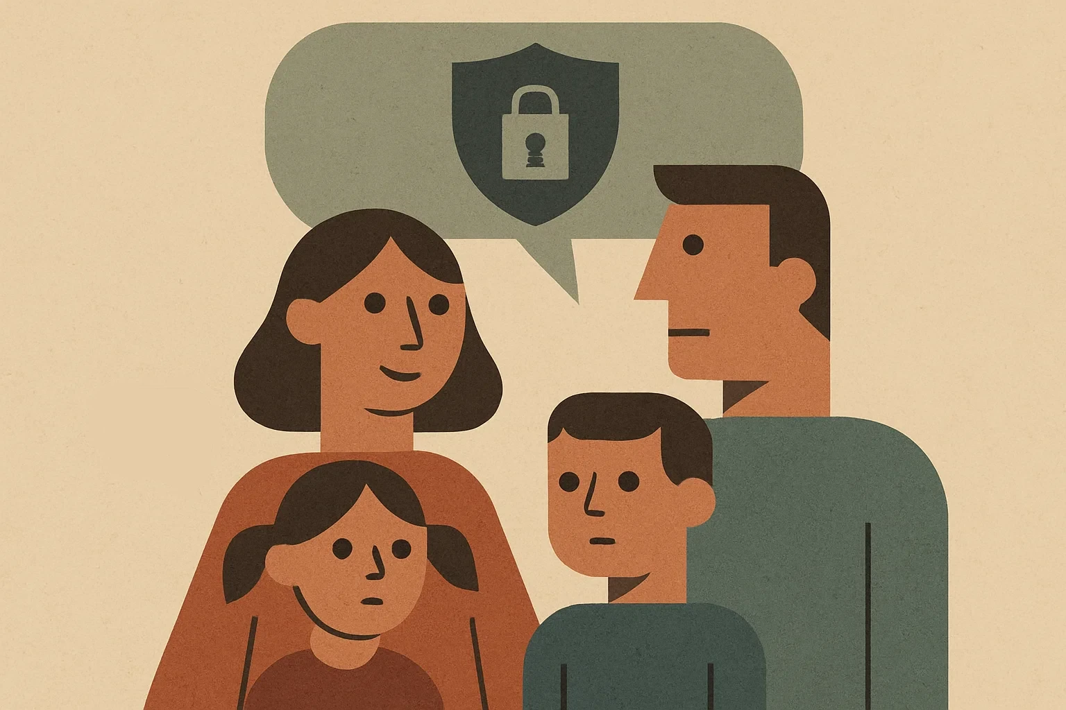 Cartoon of a family with a clear hierarchy, where parents have a dominant speech bubble, symbolizing a protective communication style.