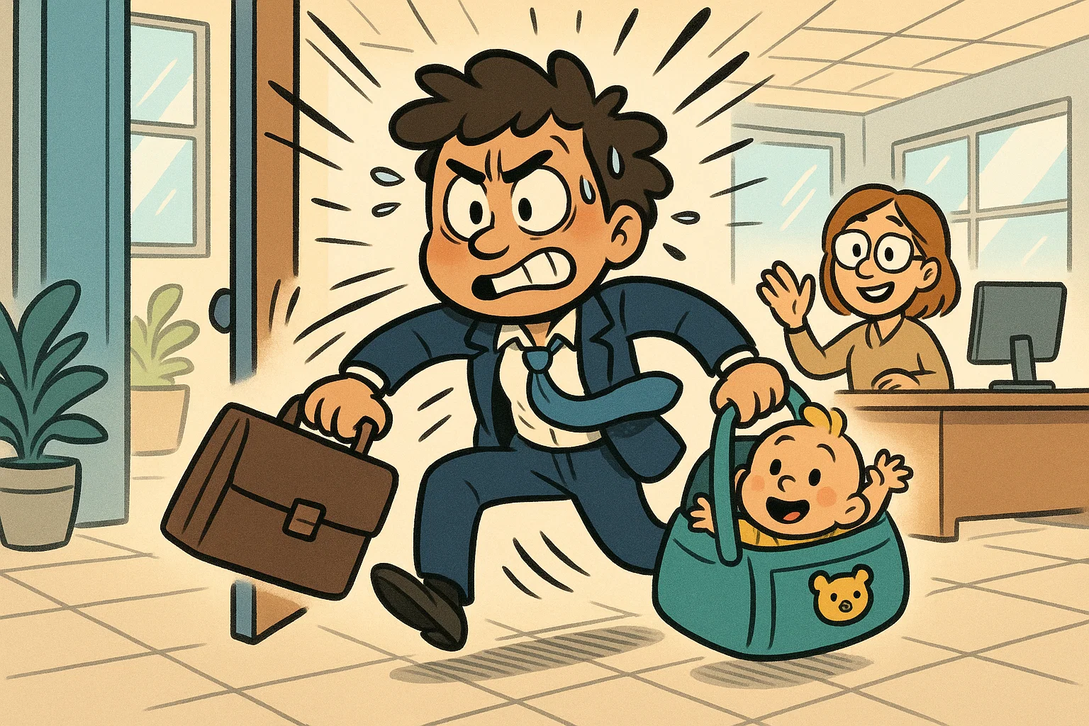 A cartoon of a new parent returning to work, looking overwhelmed but determined, with a supportive colleague in a bright office. A cartoon of a new parent returning to work, looking overwhelmed but determined, with a supportive colleague in a bright office.