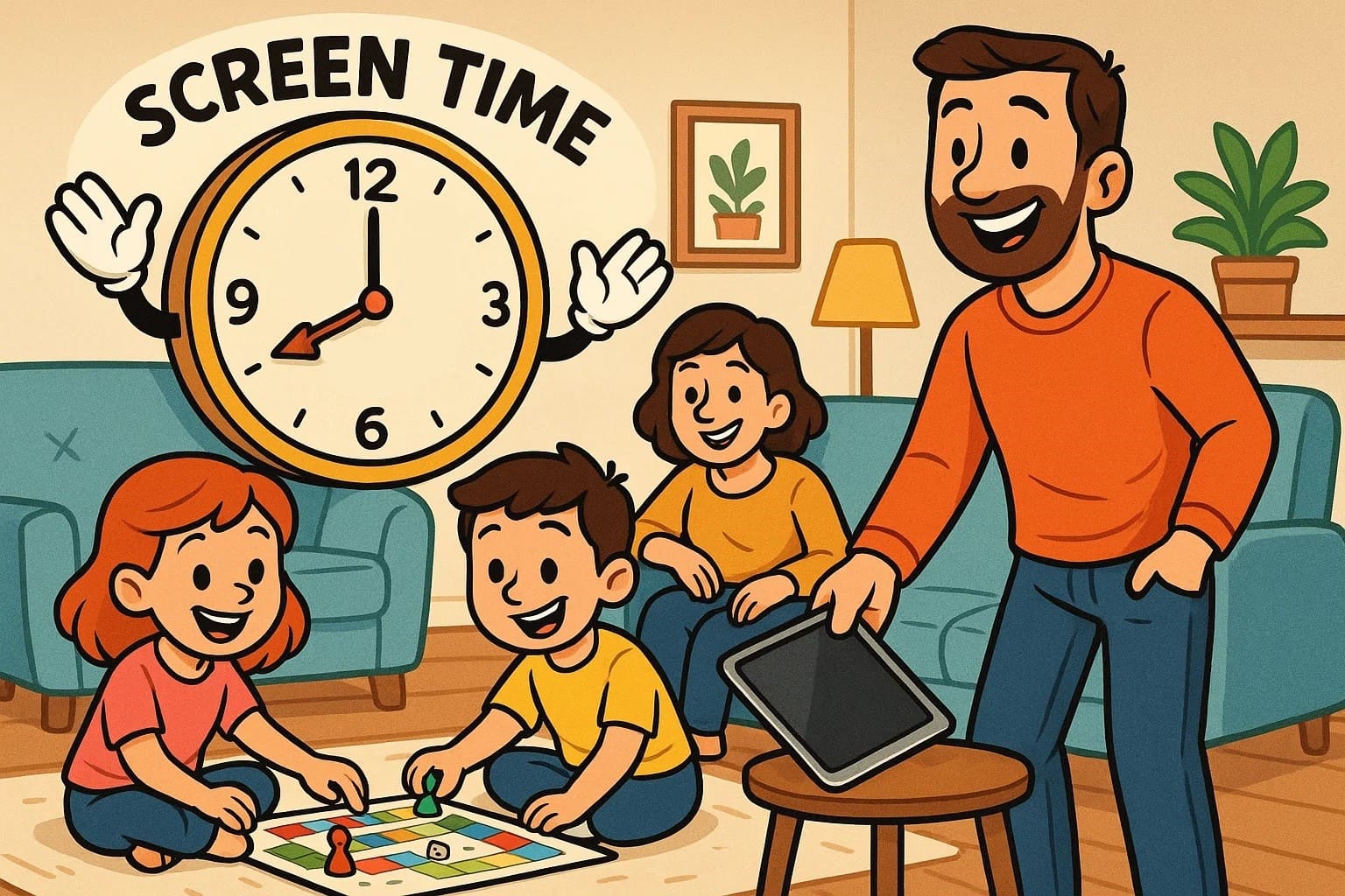 A cartoon illustration of a family managing screen time, putting away a tablet to play a board game together. A cartoon illustration of a family managing screen time, putting away a tablet to play a board game together.
