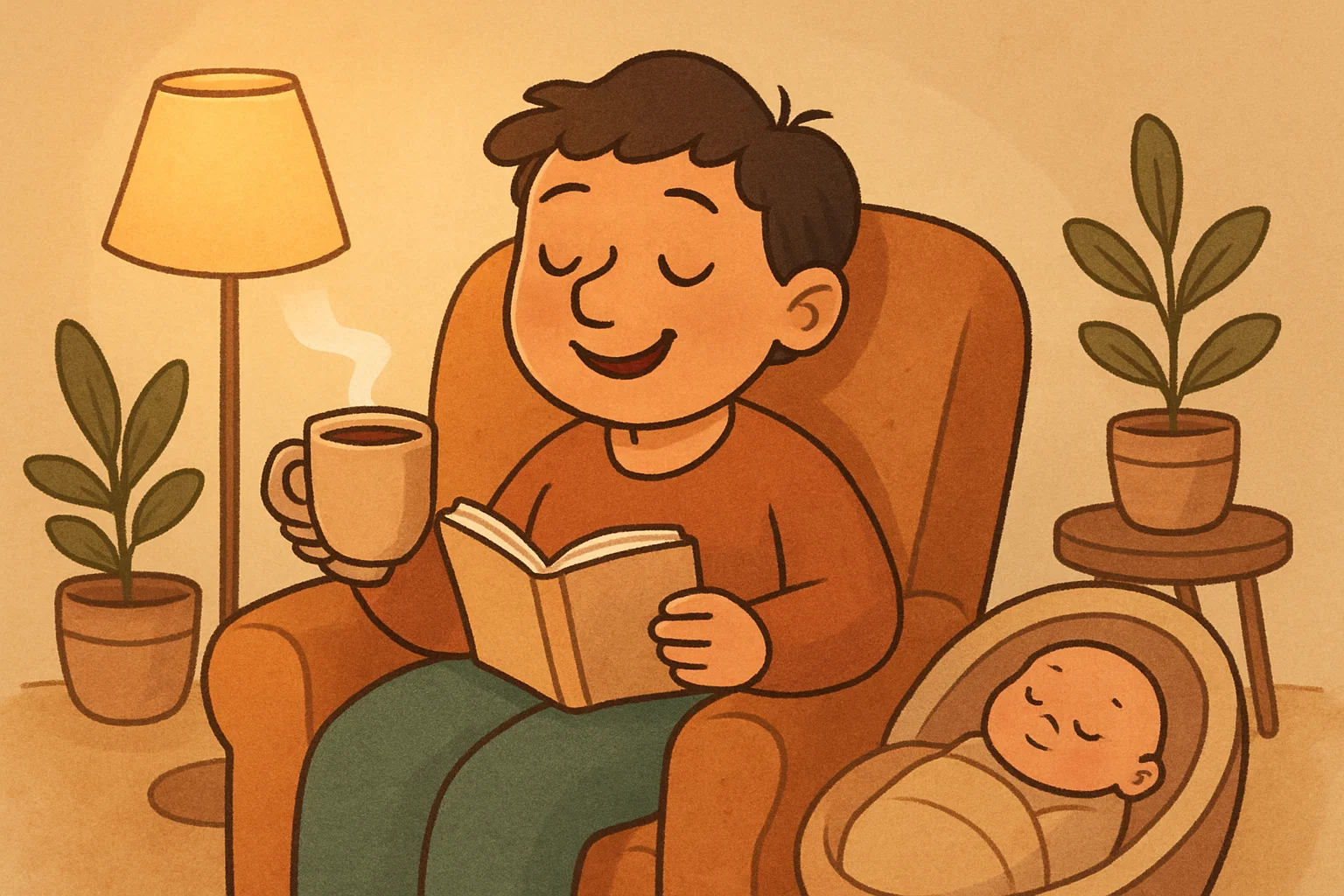 A cheerful cartoon parent doing something they enjoy (e.g., drinking coffee, reading a book) in a peaceful setting. A cheerful cartoon parent doing something they enjoy (e.g., drinking coffee, reading a book) in a peaceful setting.