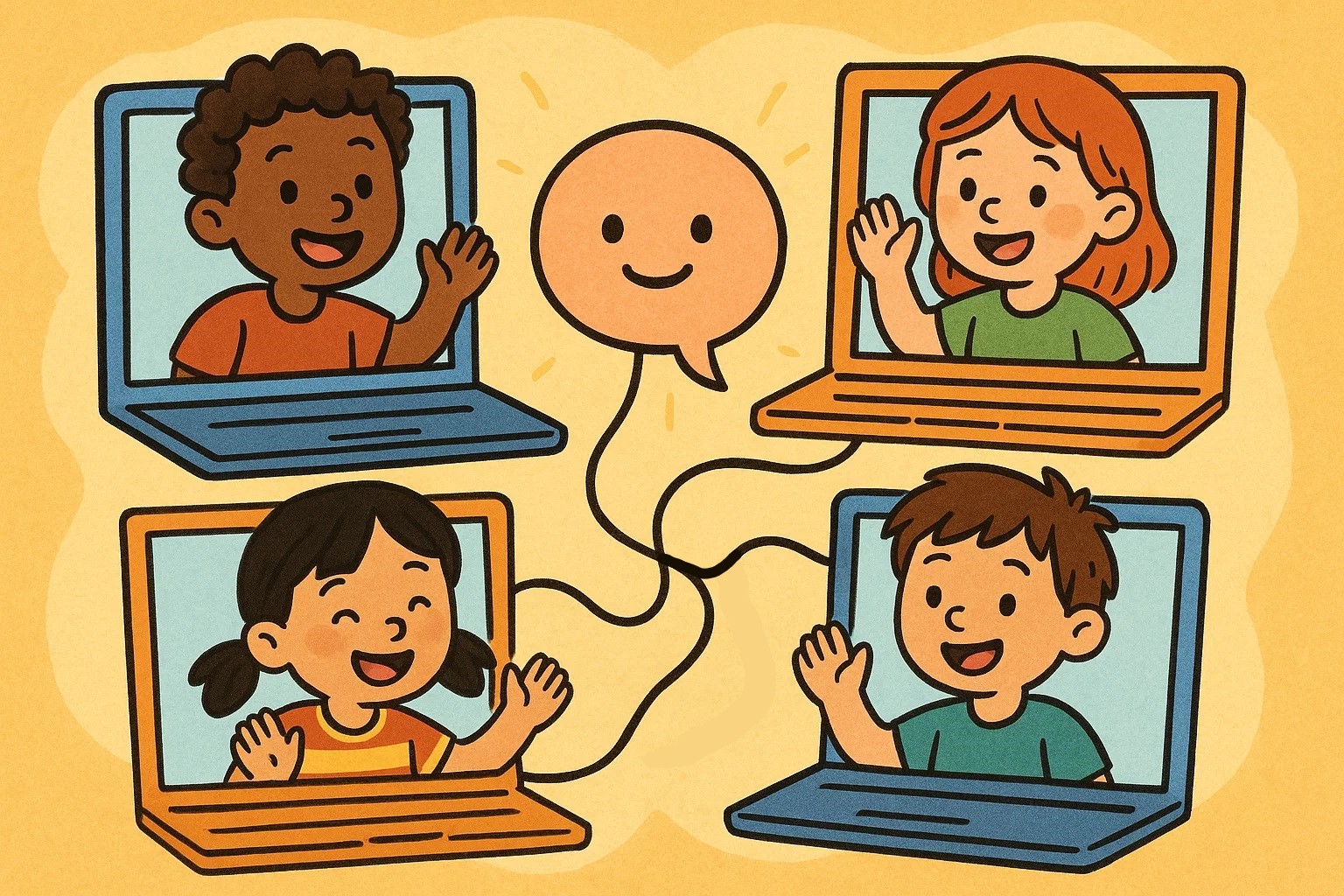 Cartoon of children connecting and communicating with friends on clean screens, symbolizing social development.