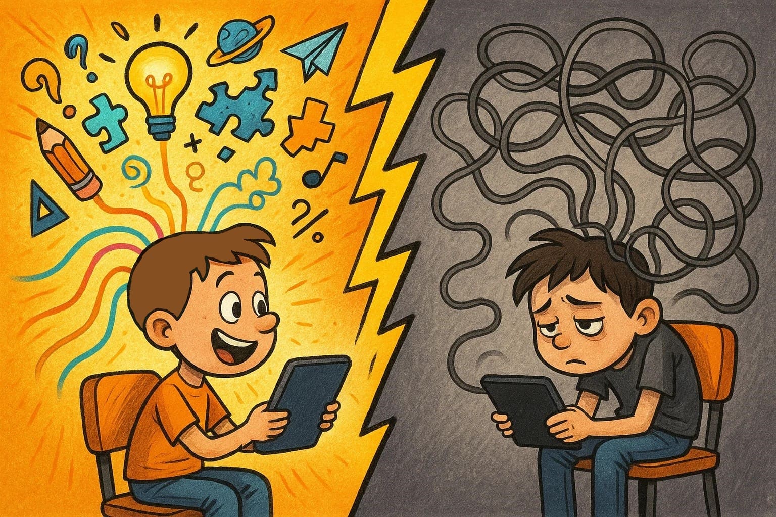A cartoon split-screen showing the positive and negative effects of technology on a child's mind. A cartoon split-screen showing the positive and negative effects of technology on a child's mind.
