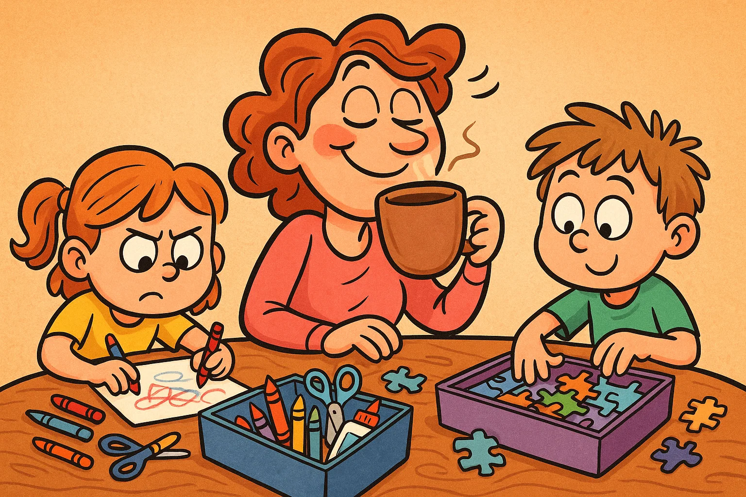 A cartoon of a parent enjoying a coffee while two kids are focused on their "busy boxes" with toys and art supplies.