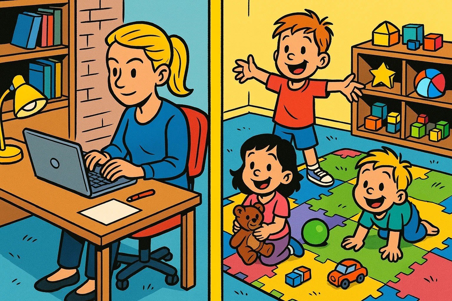 A playful cartoon showing a clear separation between a parent's neat home office and a kids' fun, colorful play area.