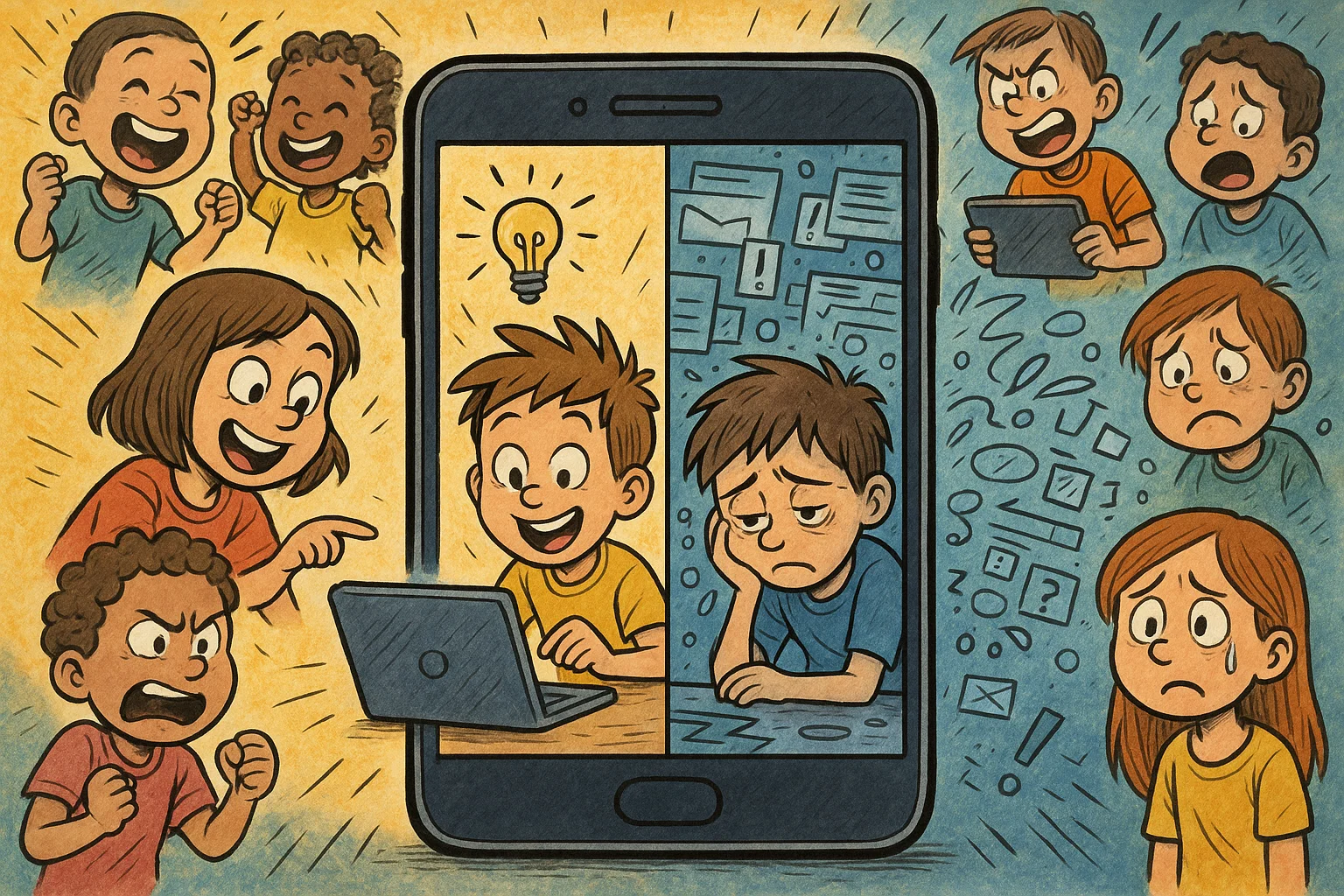 A comic illustration showing a large smartphone with contrasting scenes of children's positive and negative experiences with technology. A comic illustration showing a large smartphone with contrasting scenes of children's positive and negative experiences with technology.