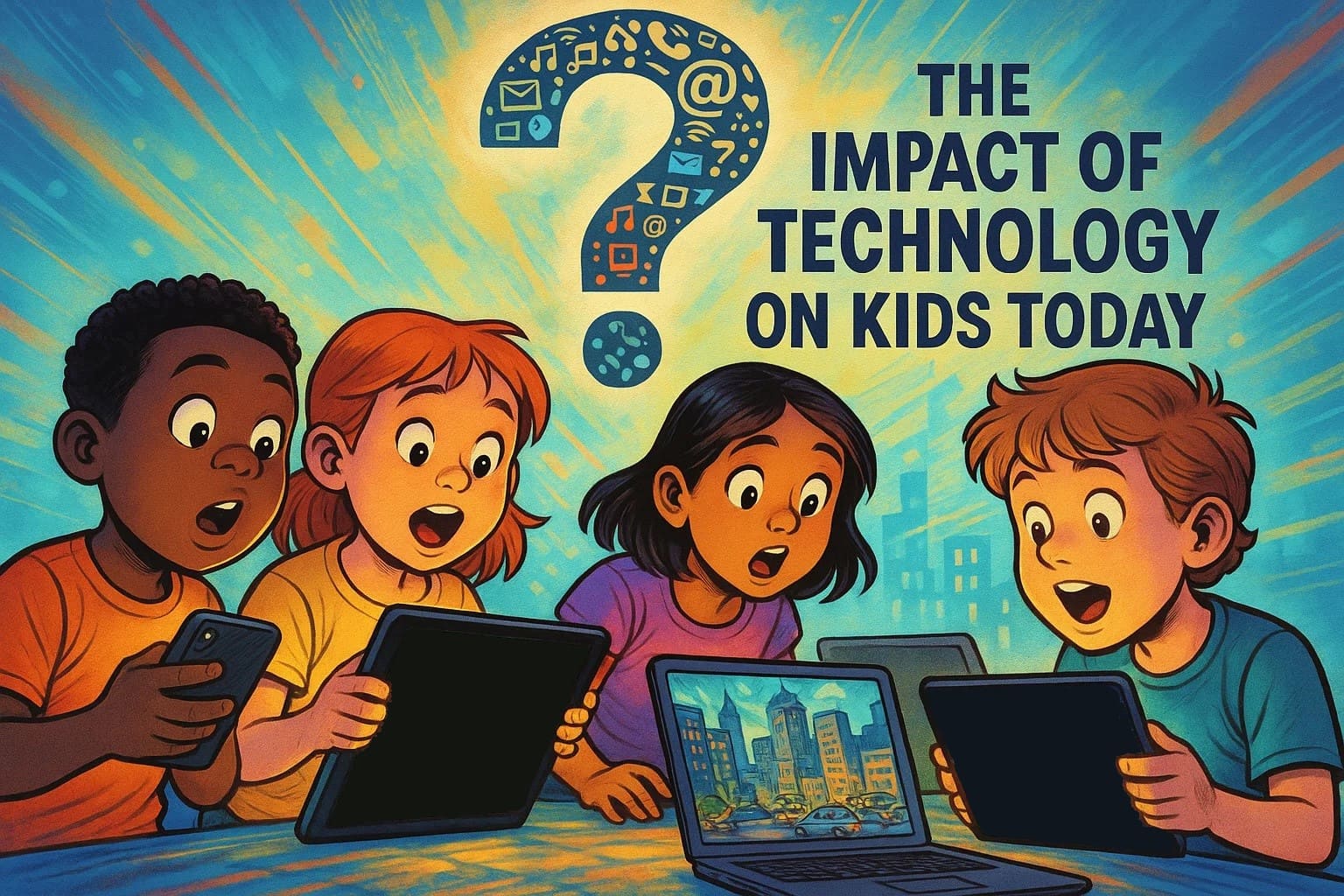 Comic-style illustration of children looking at screens with a digital question mark above them. Comic-style illustration of children looking at screens with a digital question mark above them.