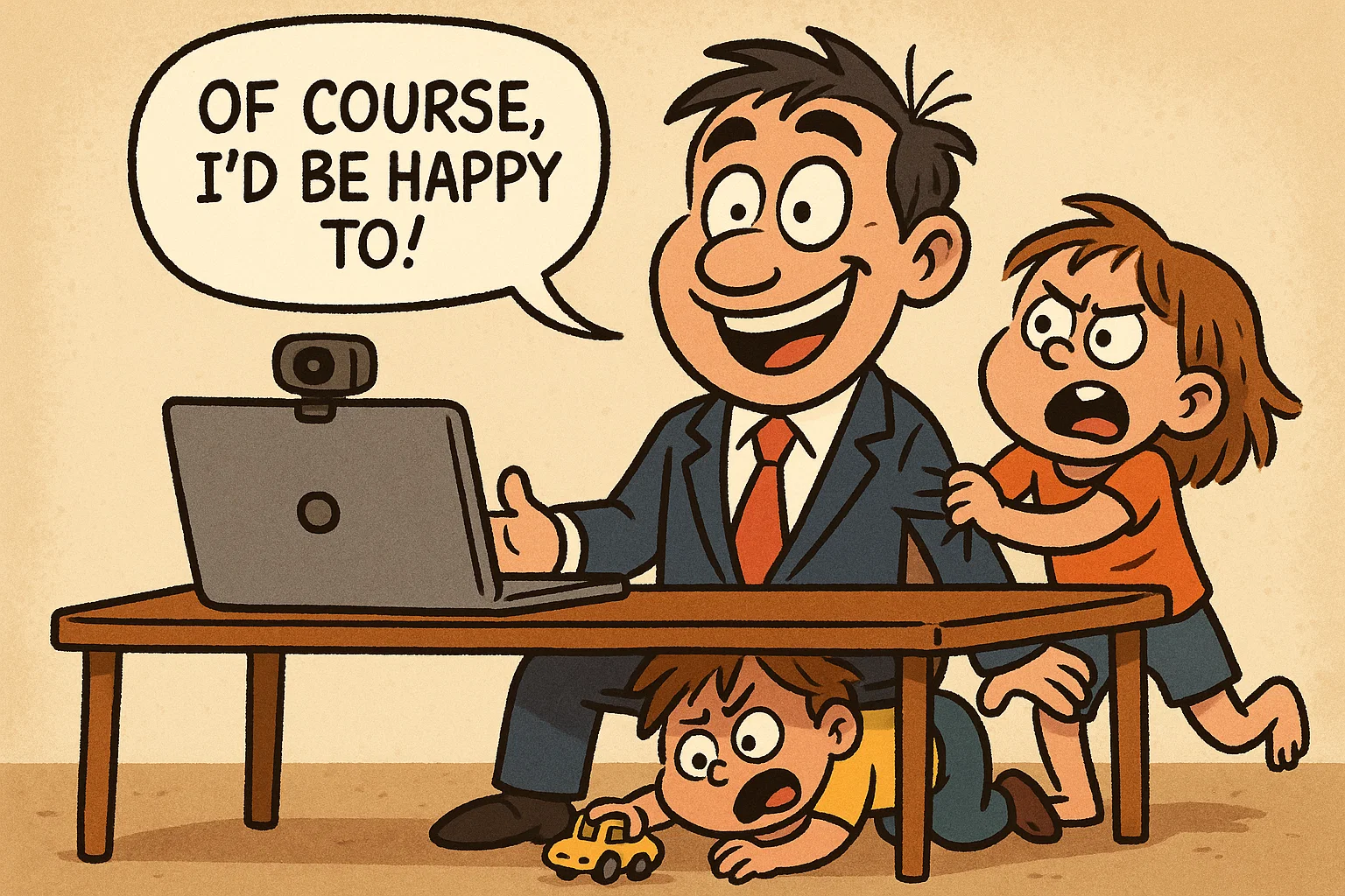 A comical cartoon of a parent on a professional video call, with unseen chaos from kids happening just below the camera.