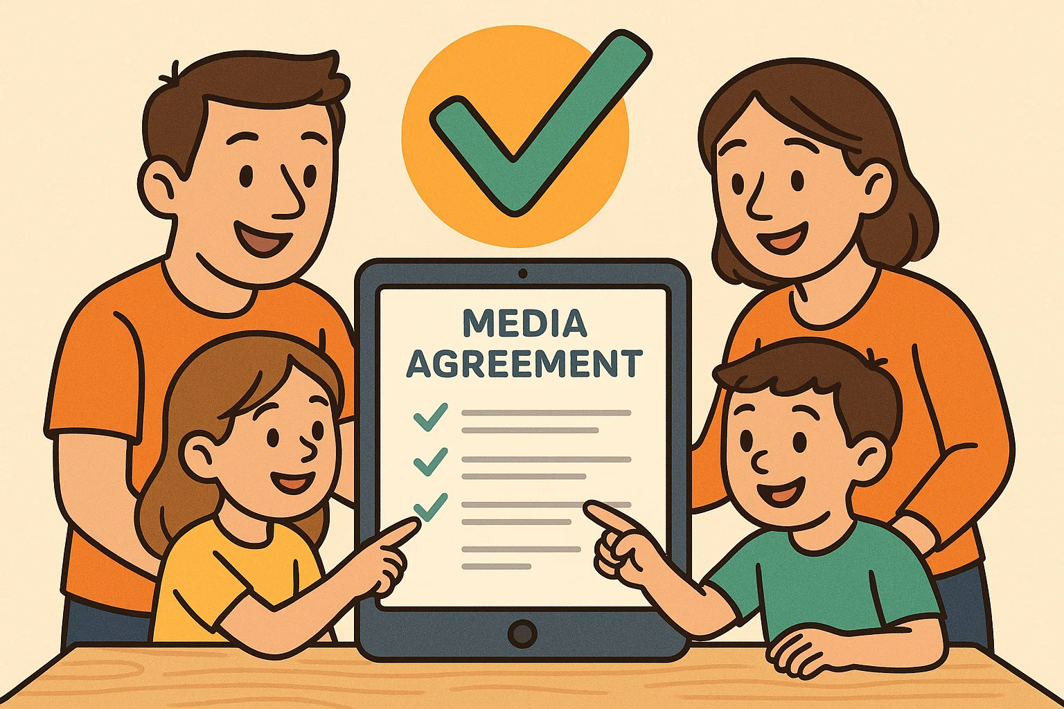 A cartoon of a family creating a media agreement to establish healthy and safe technology use. A cartoon of a family creating a media agreement to establish healthy and safe technology use.