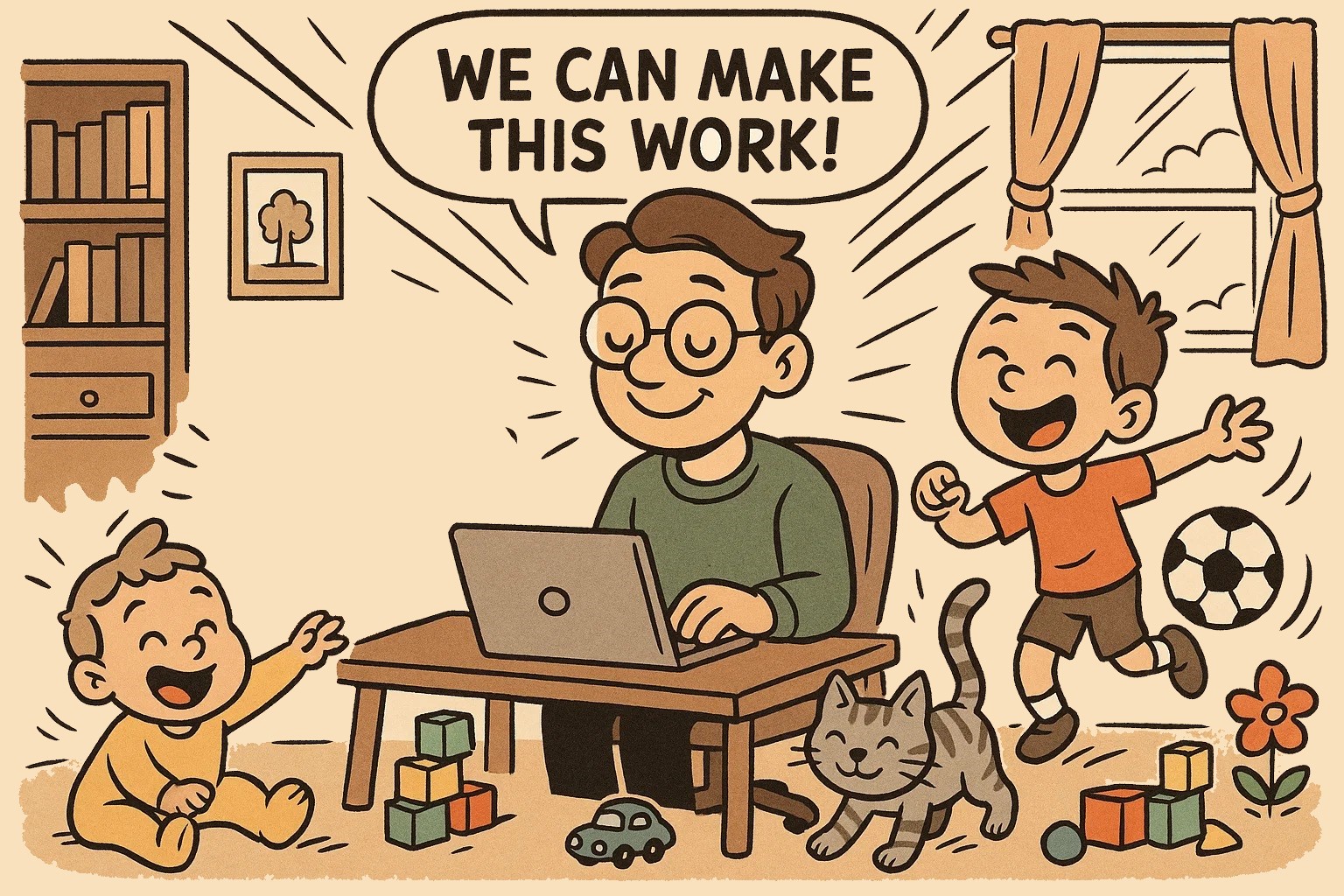 A playful cartoon of a parent working calmly on a laptop in a chaotic home office while kids play happily.