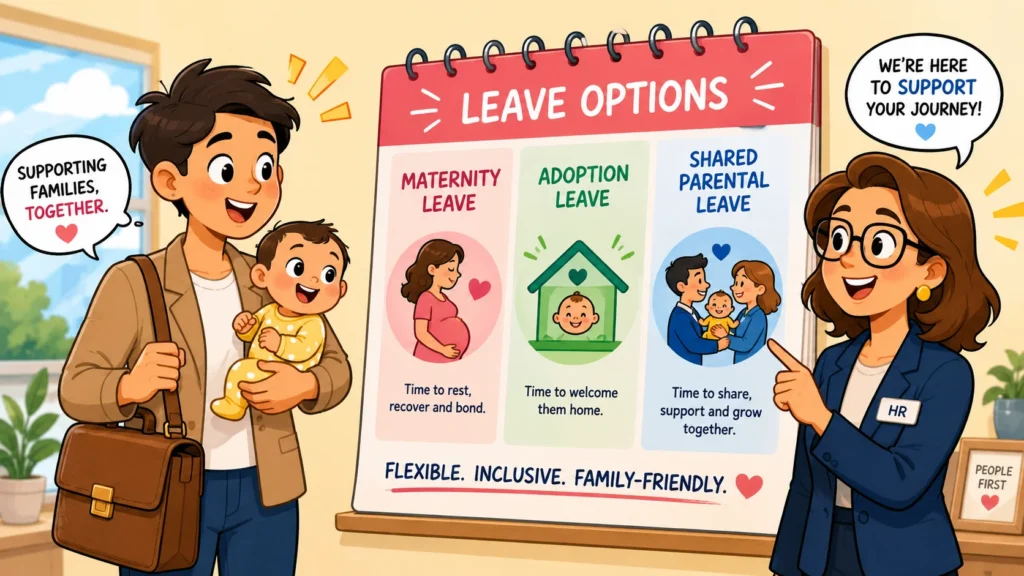 Cartoon parental leave recap with parent, baby and HR manager reviewing leave options.