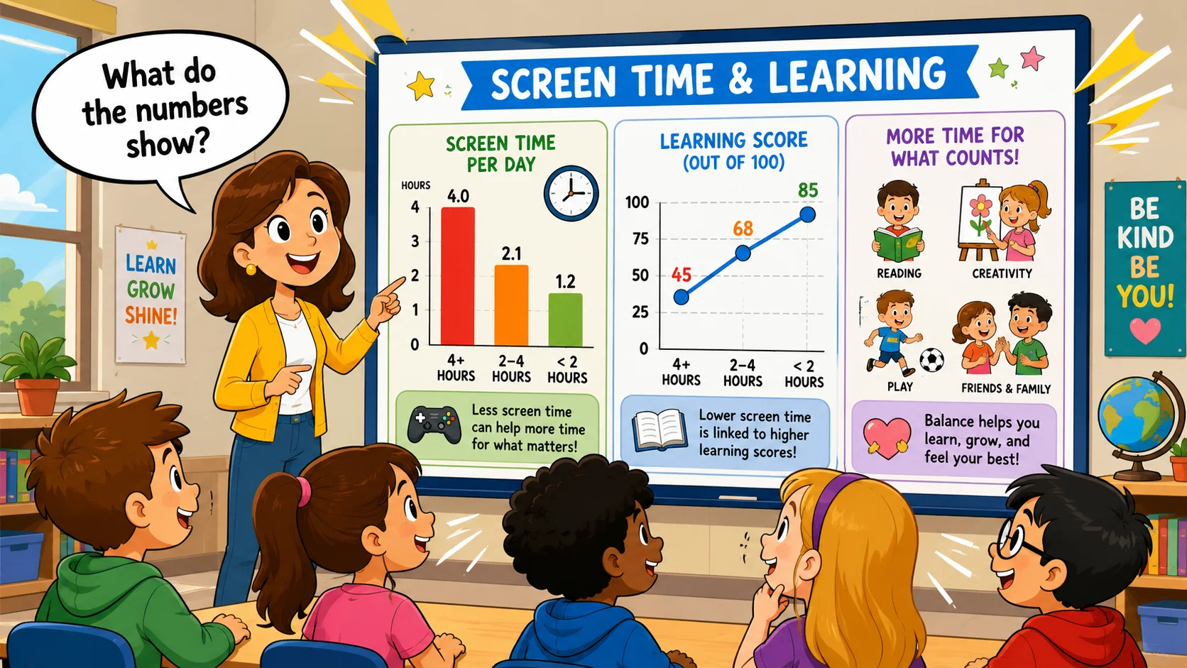 Screen time learning statistics for child development in classroom. 
