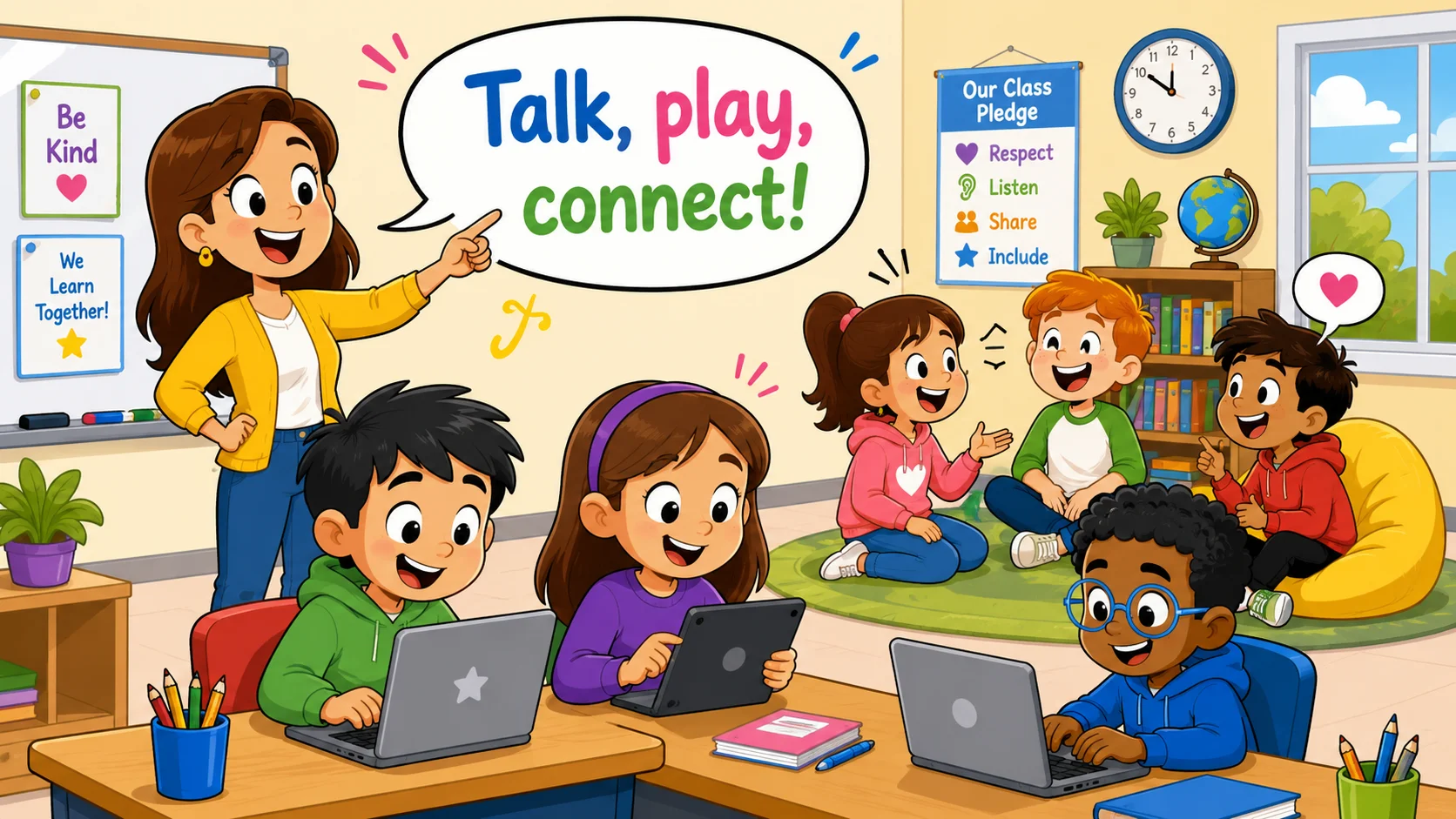 Technology and kids social interaction classroom with students using laptops and tablets.
