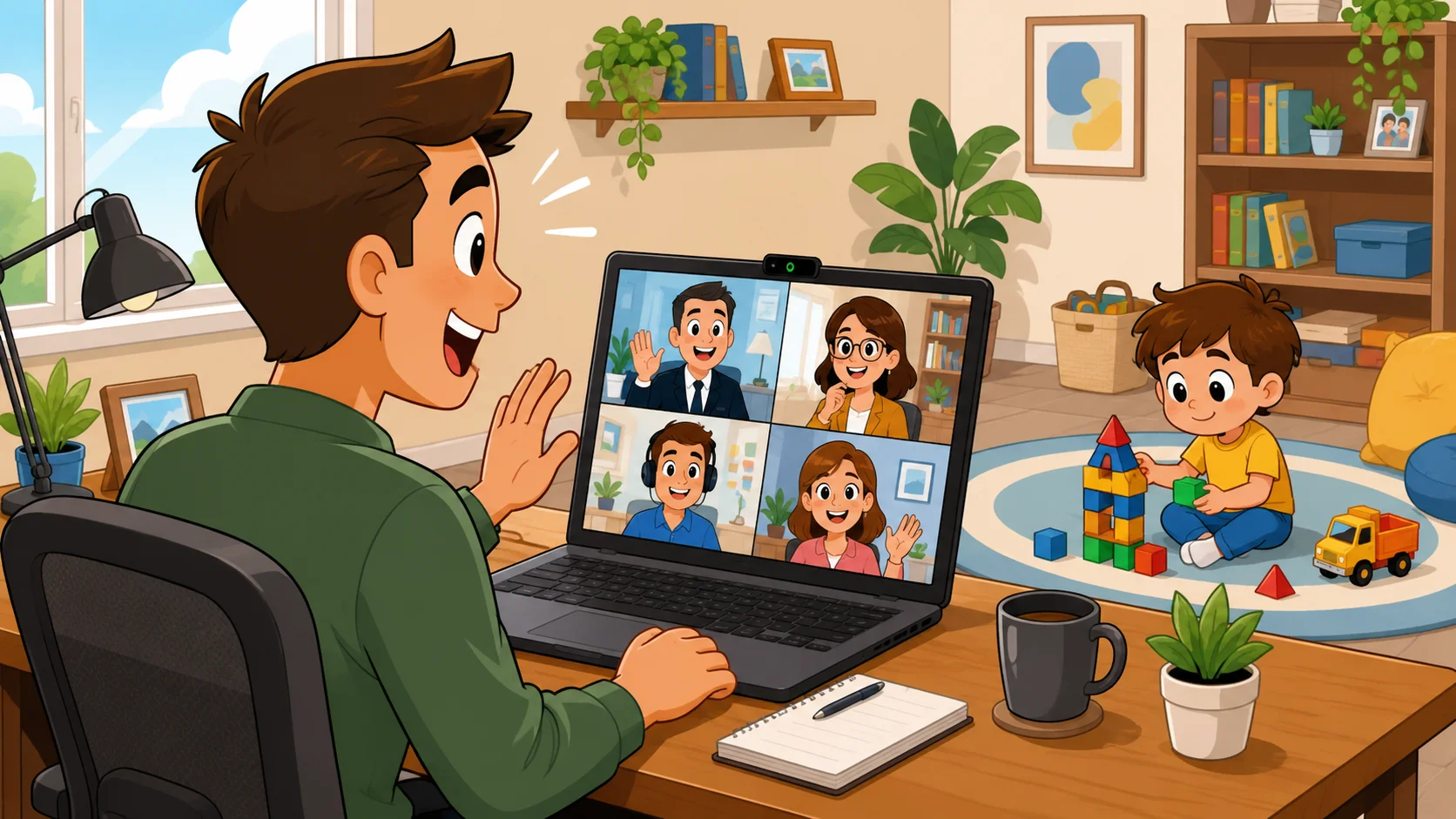Parent working at home with kids during a video call.