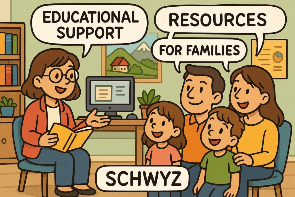 Educational support for families in Schwyz with teacher and parents in a classroom.