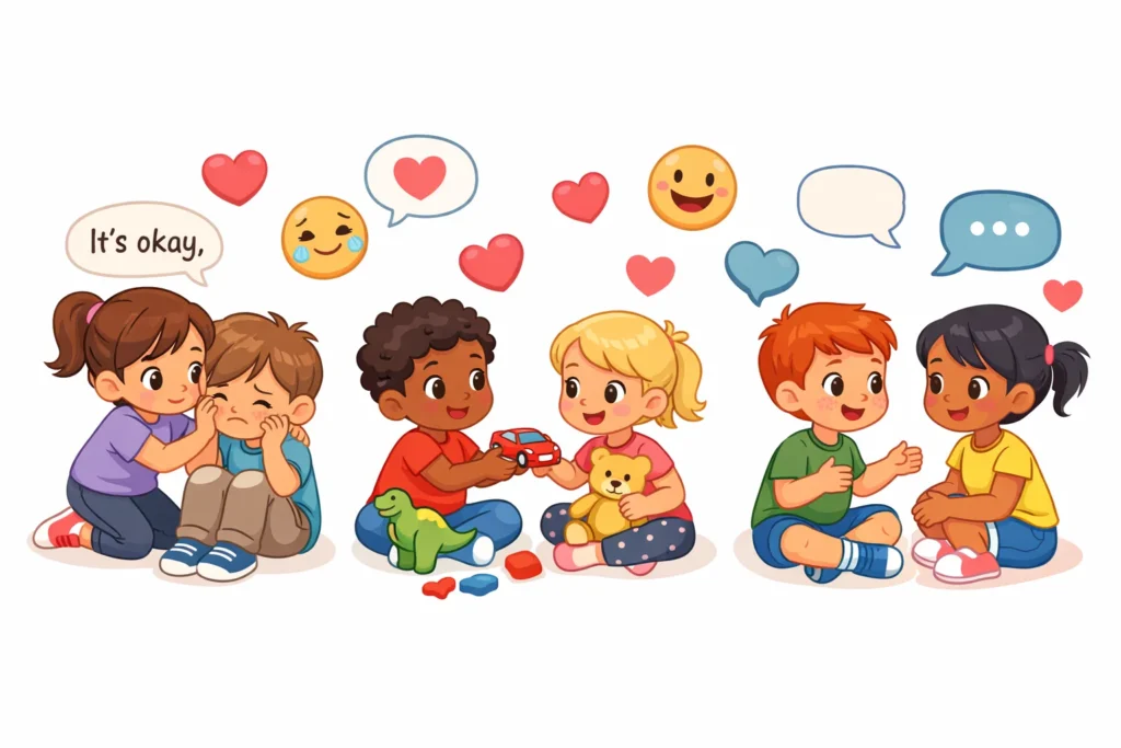 Children learning emotional social life skills for kids through interaction.