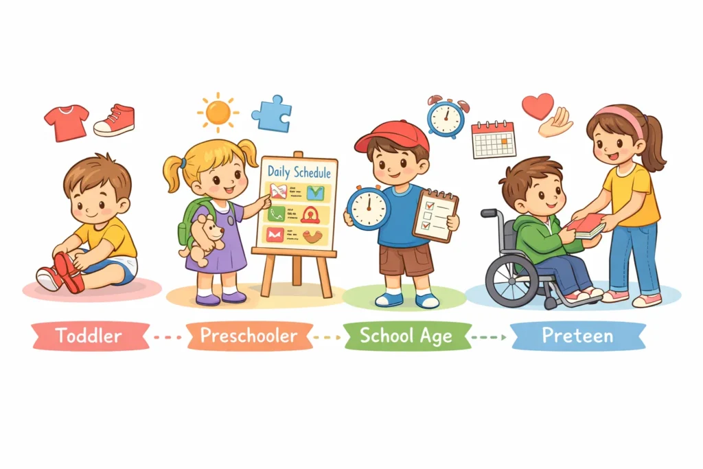 Life skills by age range shown through children at different stages.