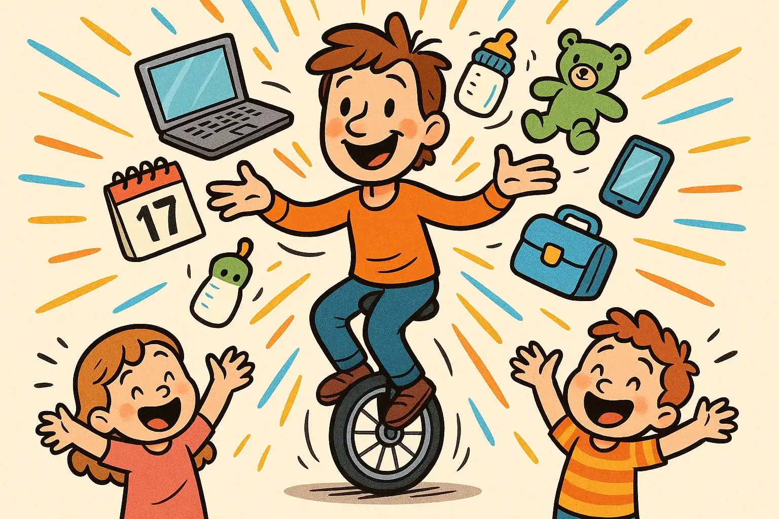 10 tips for busy parents juggling work and family life in a cheerful cartoon style. 10 tips for busy parents juggling work and family life in a cheerful cartoon style.