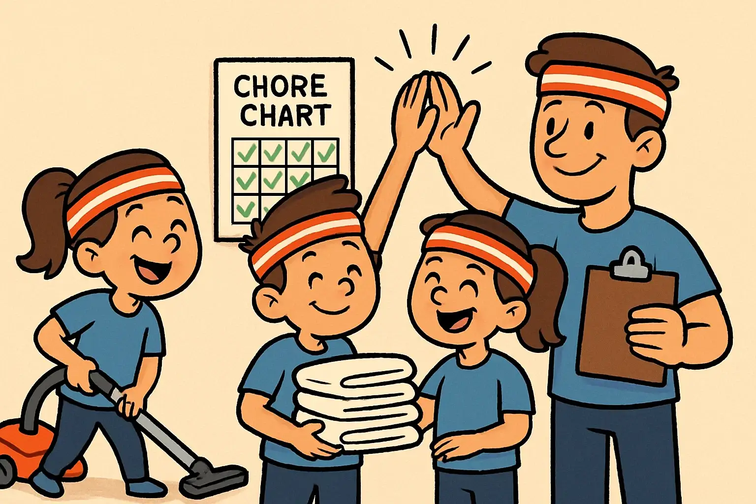 Delegate family responsibilities using chore charts and teamwork in a fun cartoon.
