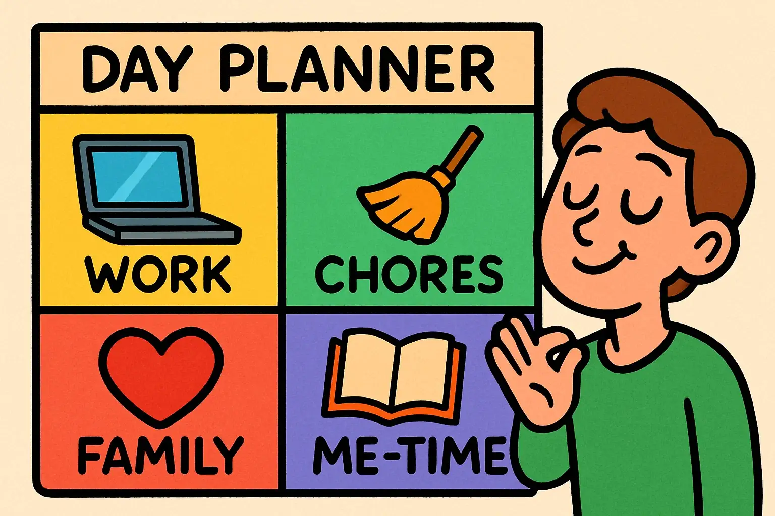  Embrace time blocking and batching with a cartoon day planner and focused parent.
