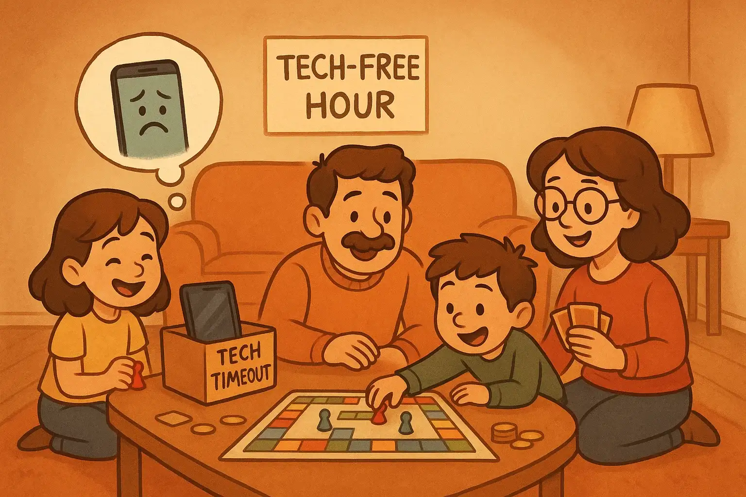 Limit screen time with a tech-free hour family game night and smiling parents.