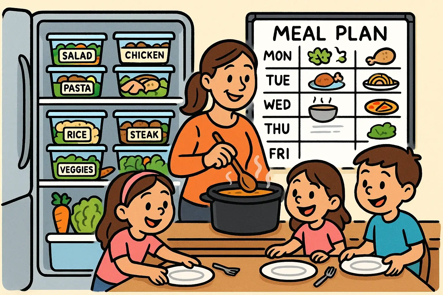 Plan meals in advance with a family cooking together and a weekly food schedule.