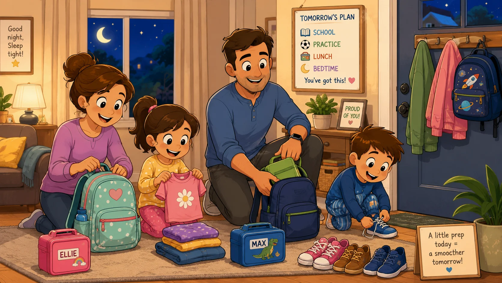 Prepare night before for busy parents with kids packing bags, lunches, clothes and shoes. 
