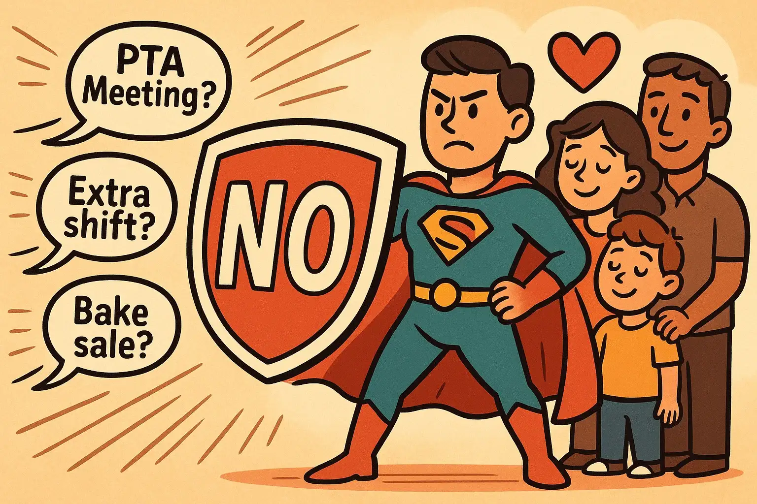 Say no to reclaim time with a superhero parent blocking extra duties cartoon.