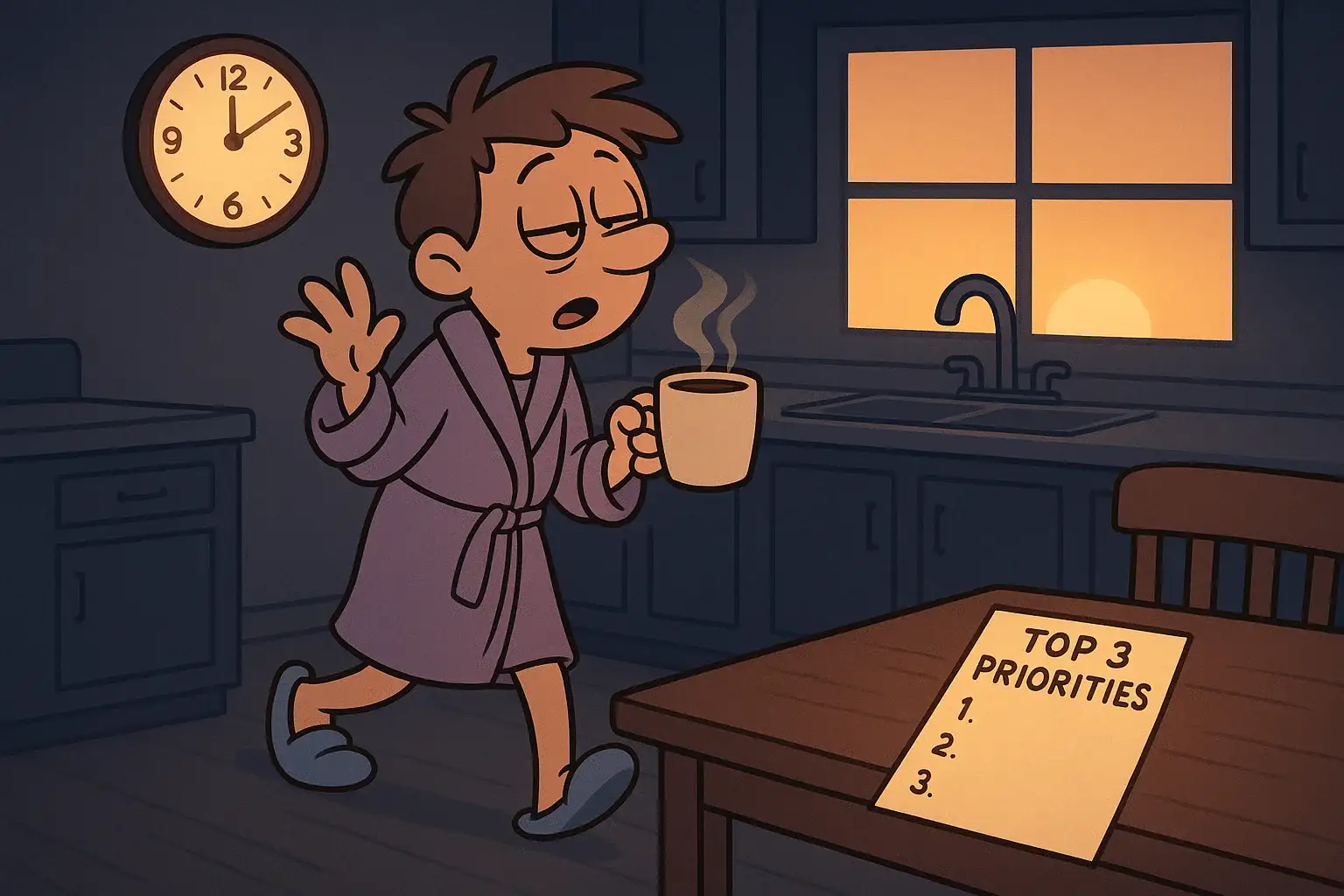 Wake up earlier to center yourself with quiet morning coffee and priority planning.