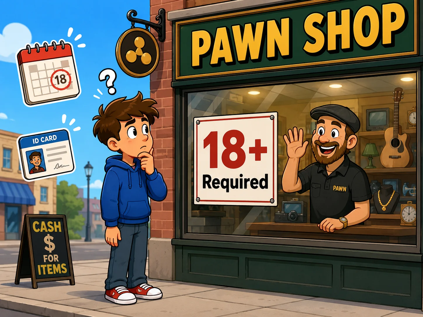 How old to pawn something with 18 plus pawn shop sign.