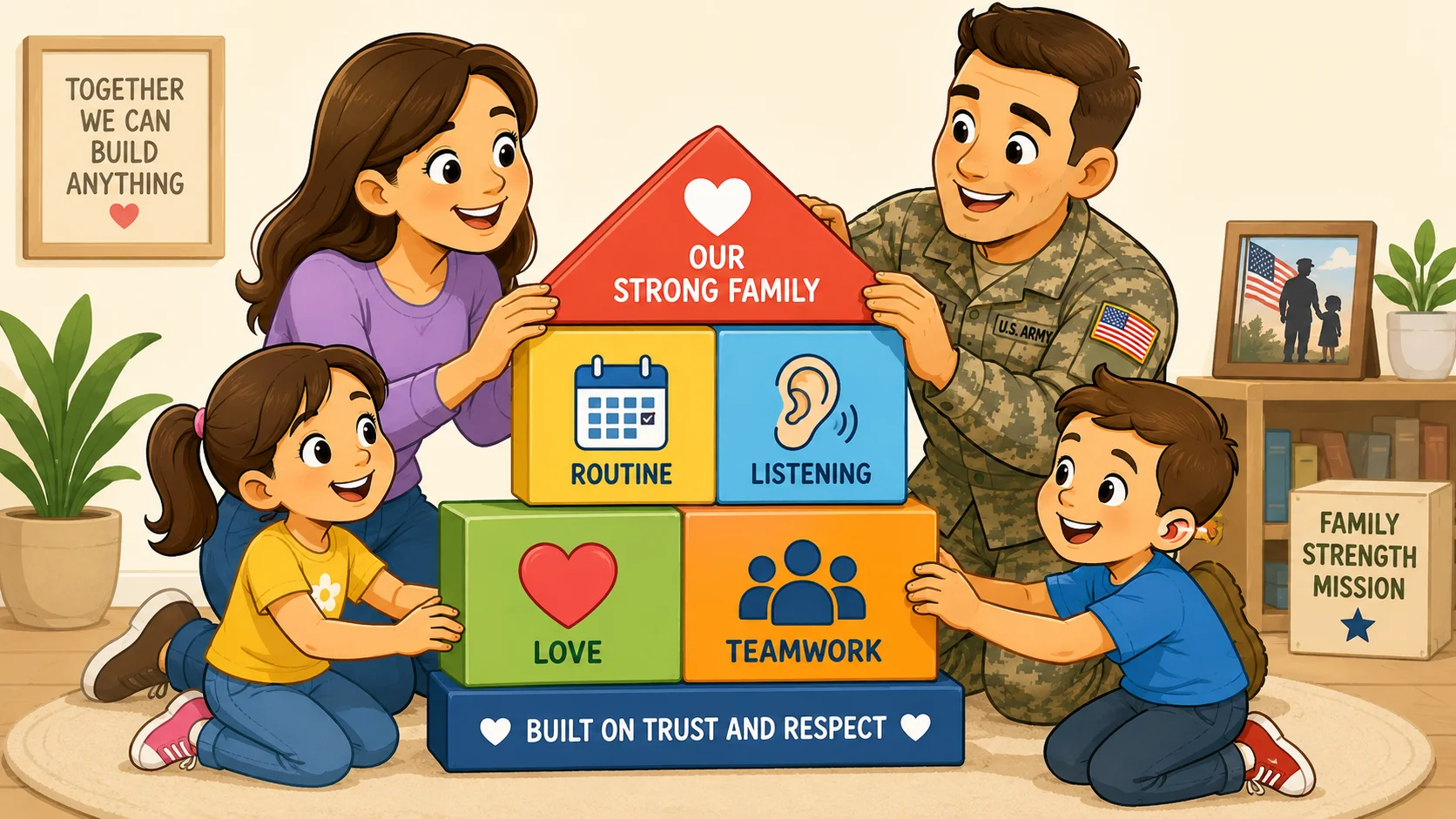 Military family builds house blocks for love, routine, and teamwork. 
