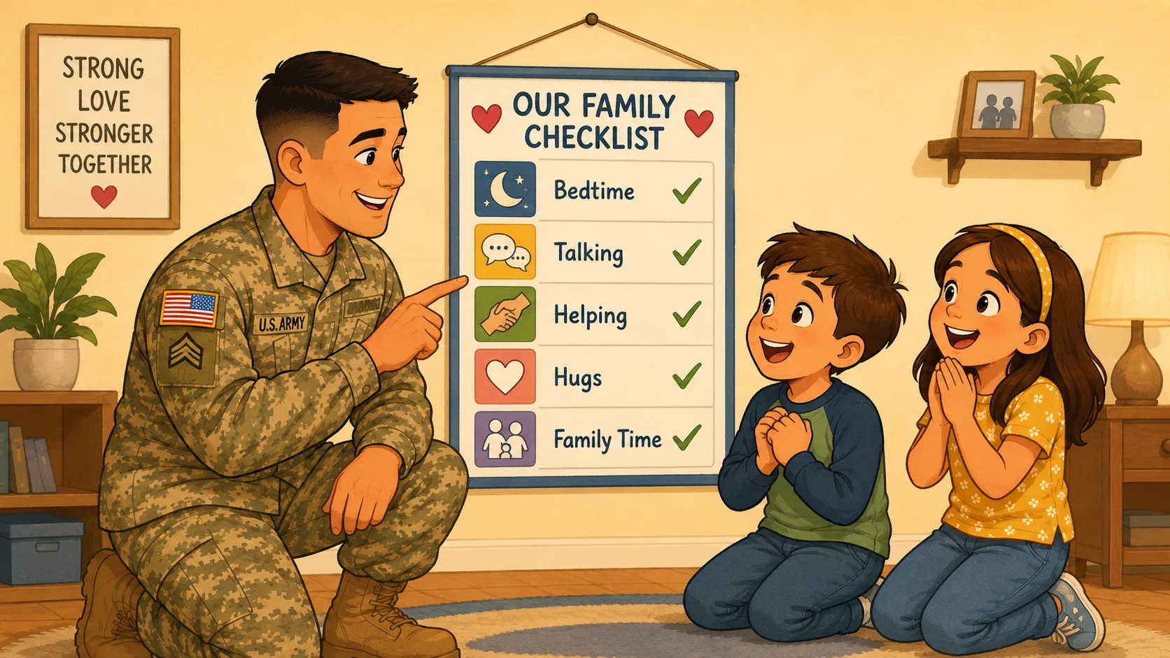  Military family checklist for bedtime, talking, helping, hugs, and family time. 
