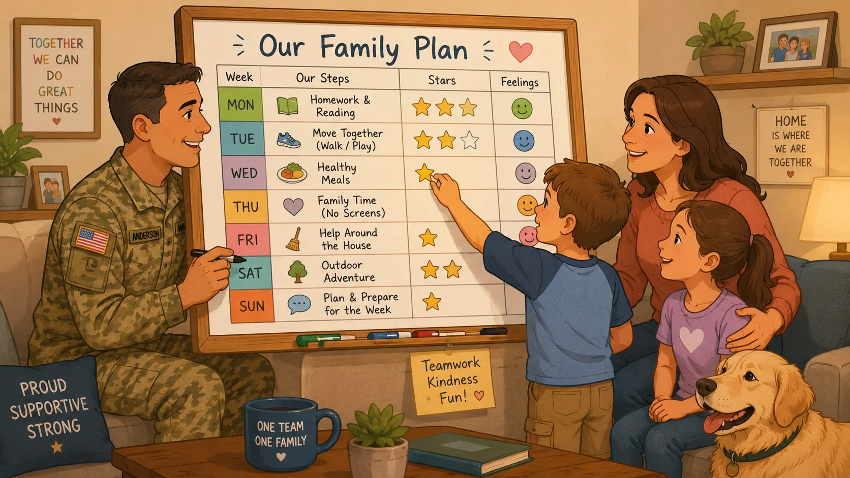 Military family plan board with weekly steps, stars, and smiley icons. 
