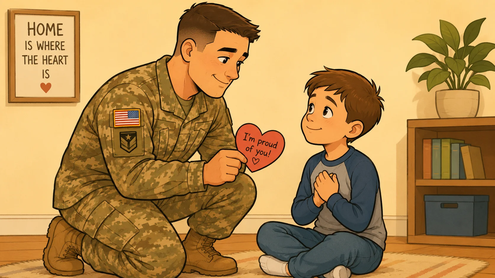 Military parent sharing proud heart note with reassured child. 
