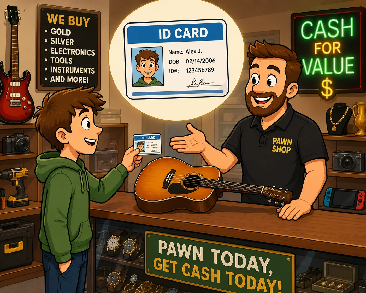 Pawn shop ID check before pawning guitar for cash. 
