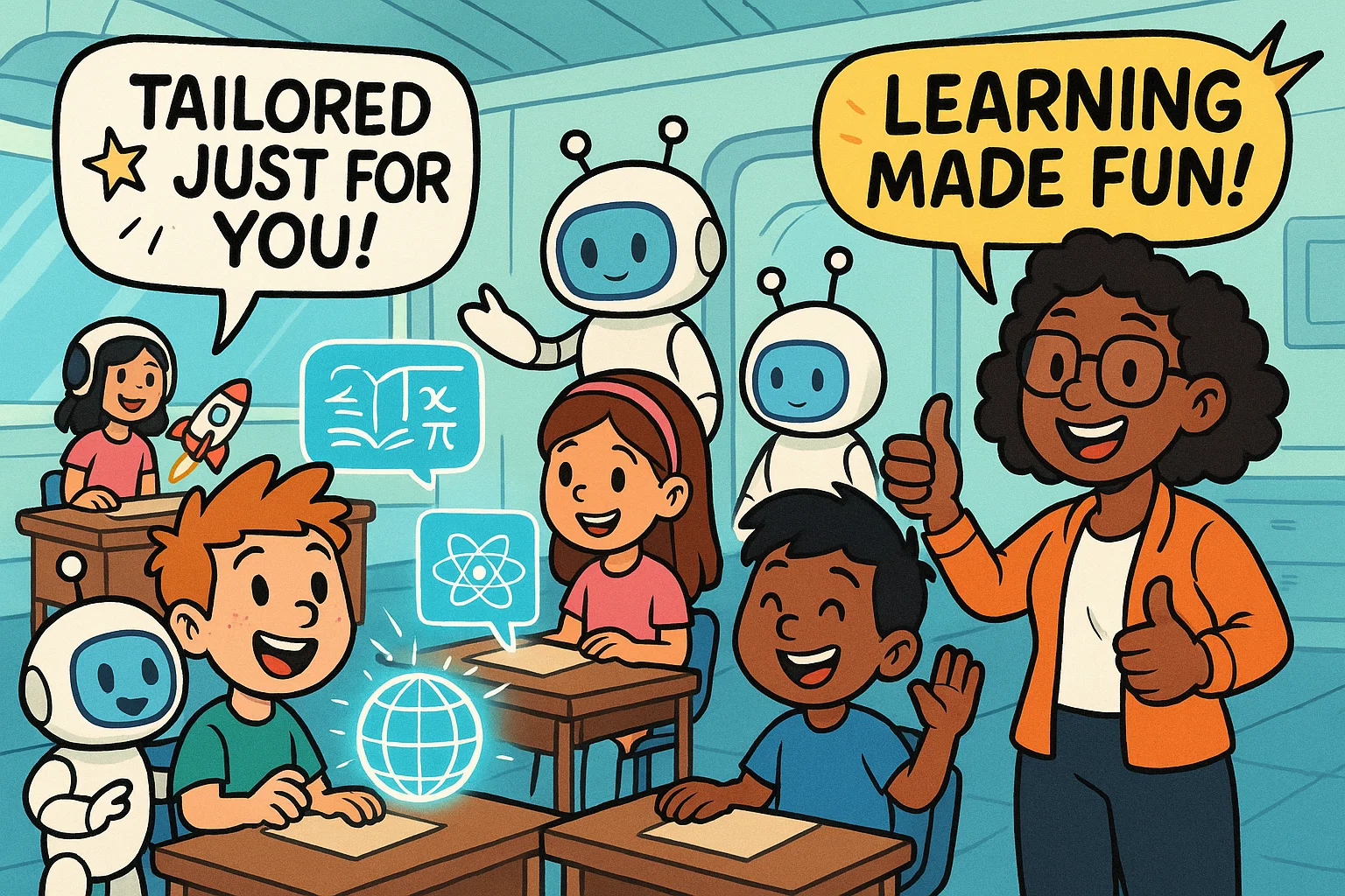 Five key benefits of artificial intelligence in education with smiling students and learning robots.