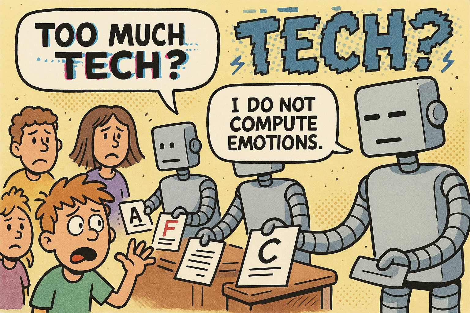 Main drawbacks of AI in education illustrated with robots handing out grades and confused kids. Main drawbacks of AI in education illustrated with robots handing out grades and confused kids.