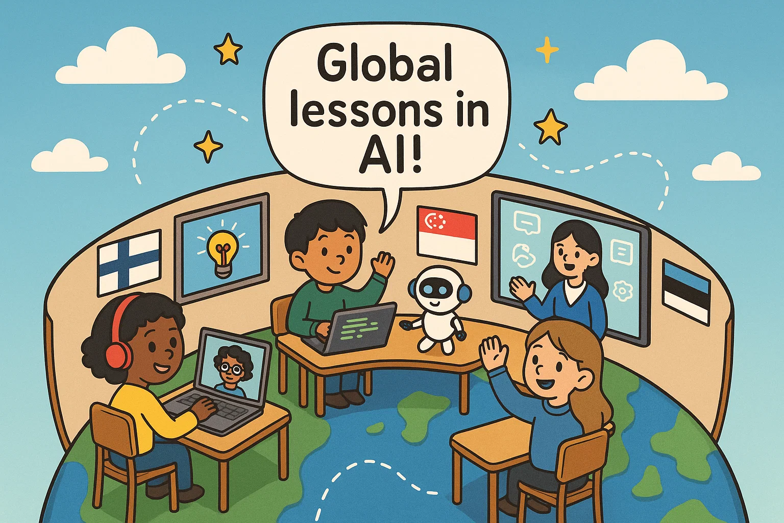 AI in education case studies shown as global students with laptops and international classroom flags.