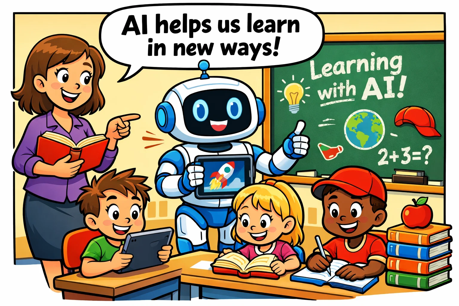 AI in education classroom robot help for teacher and students learning together.