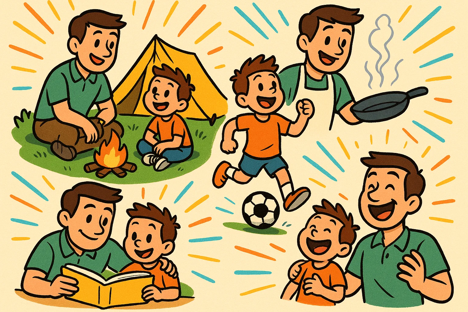 Cartoon father and son bonding through fun activities and shared moments. Cartoon father and son bonding through fun activities and shared moments.