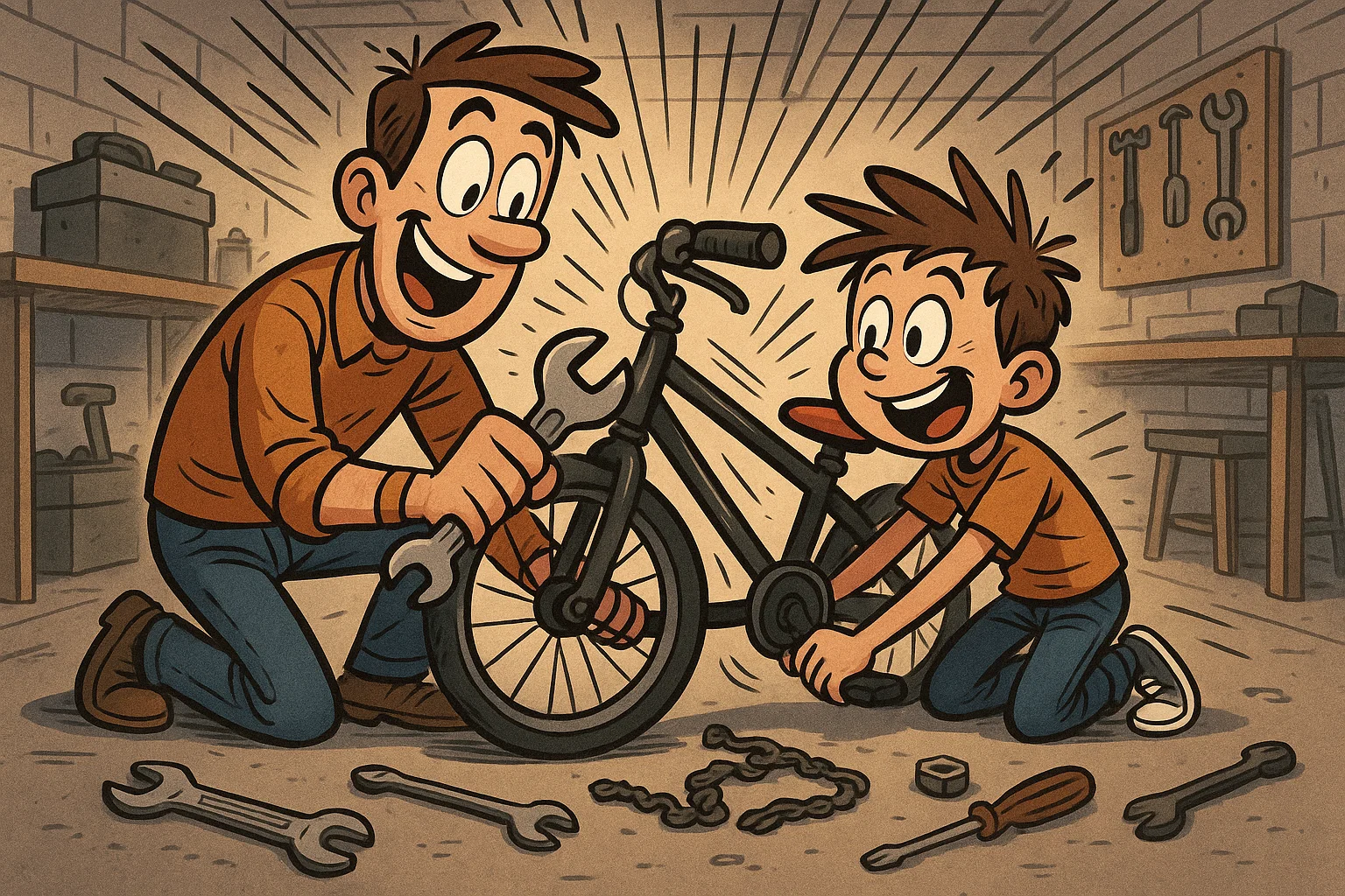 Cartoon father and son fixing and building something fun together. Cartoon father and son fixing and building something fun together.